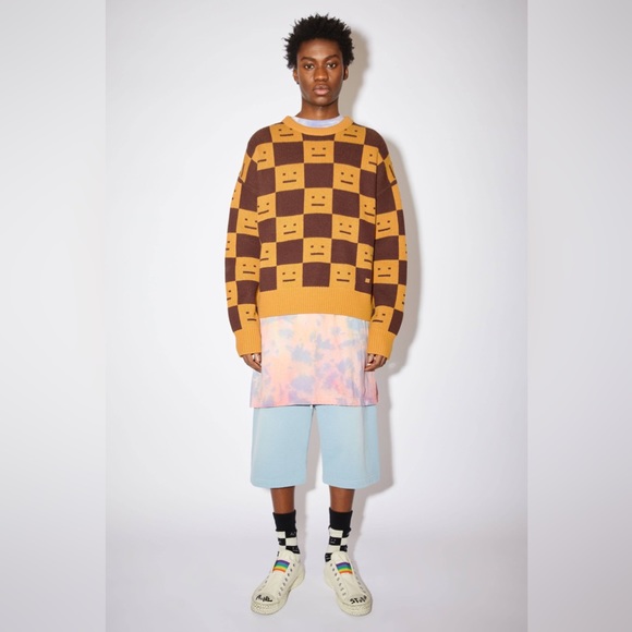 🍁☃️ACNE STUDIOS Women's Face Jacquard Wool Sweater Ochre Orange Coffee Brown - Picture 4 of 14